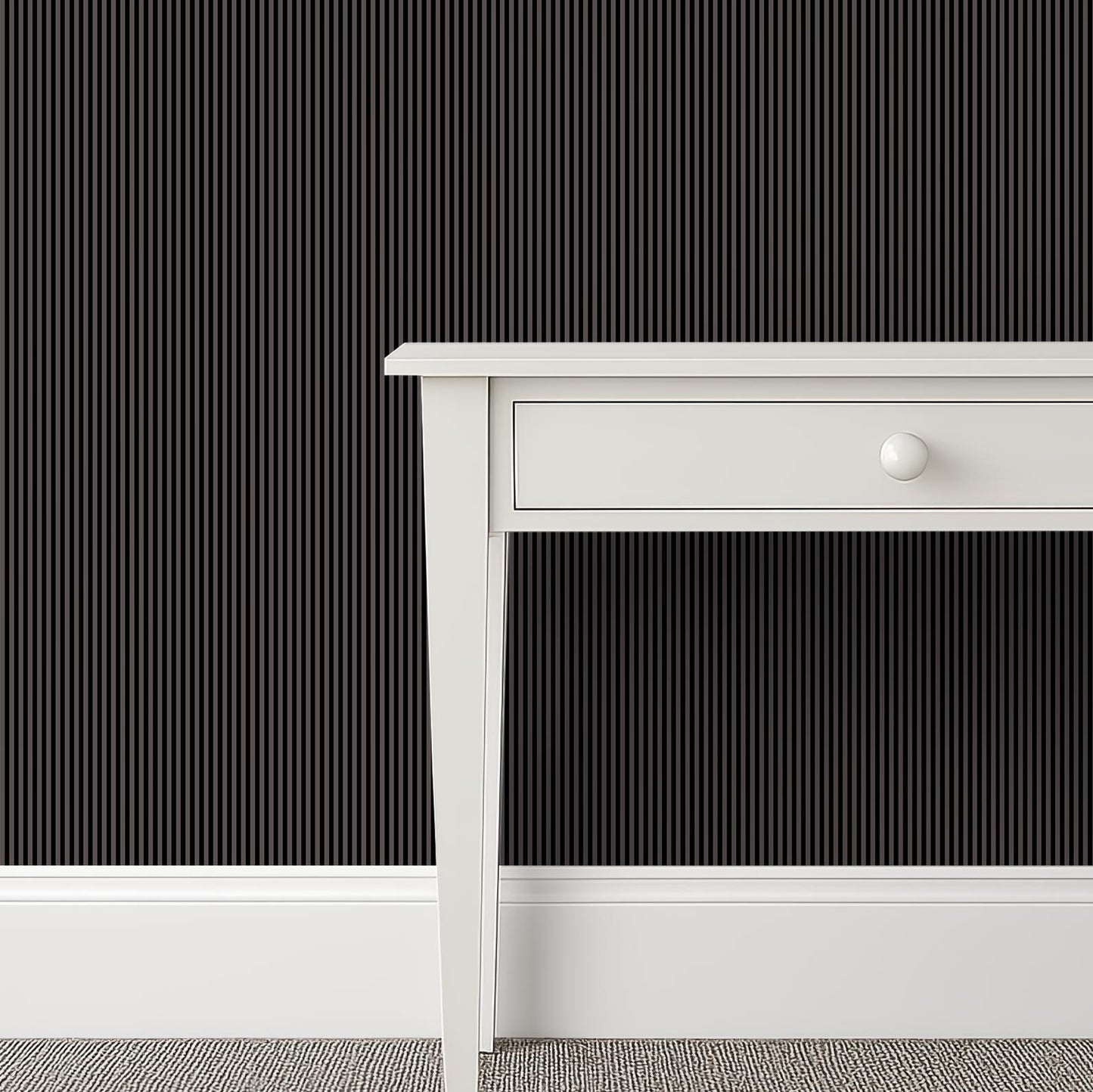 Small-scale black and grey striped wallpaper in a gentleman’s wardrobe with a tailored, masculine atmosphere