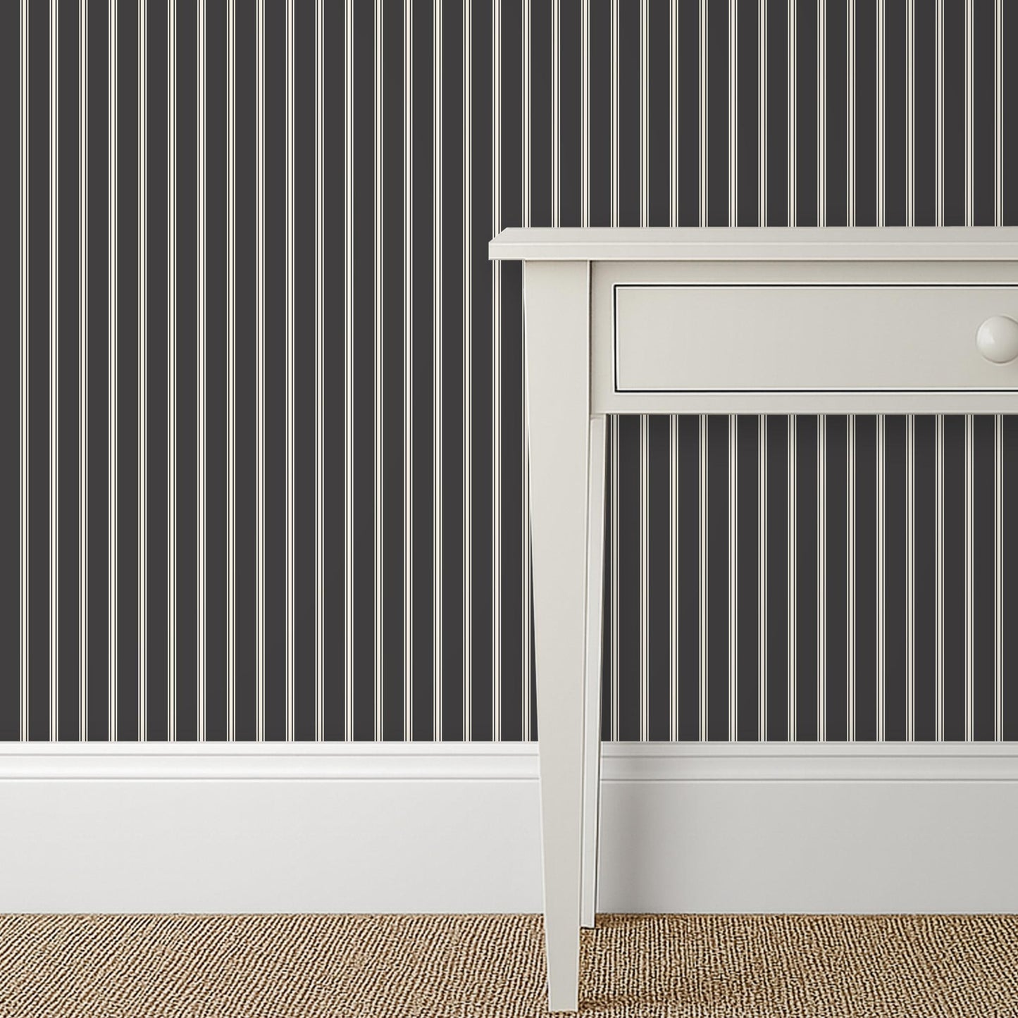Moody soft black and cream ticking stripe wallpaper in a vintage-inspired bedroom – Lachman