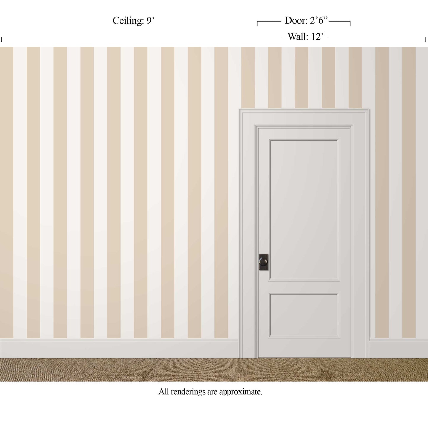 Broad tan and white striped wallpaper in a room layered with vintage rugs and artwork