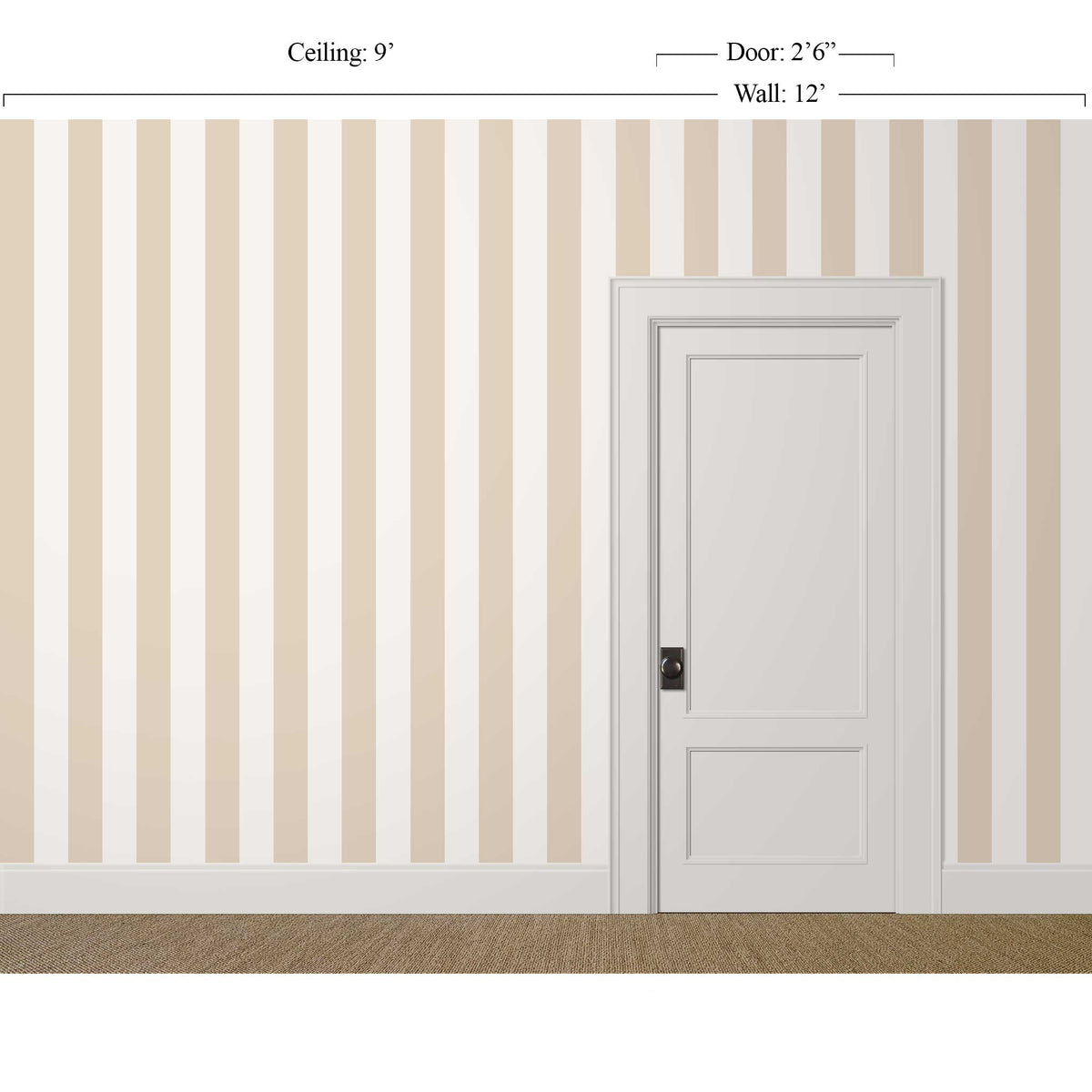 Broad tan and white striped wallpaper in a room layered with vintage rugs and artwork
