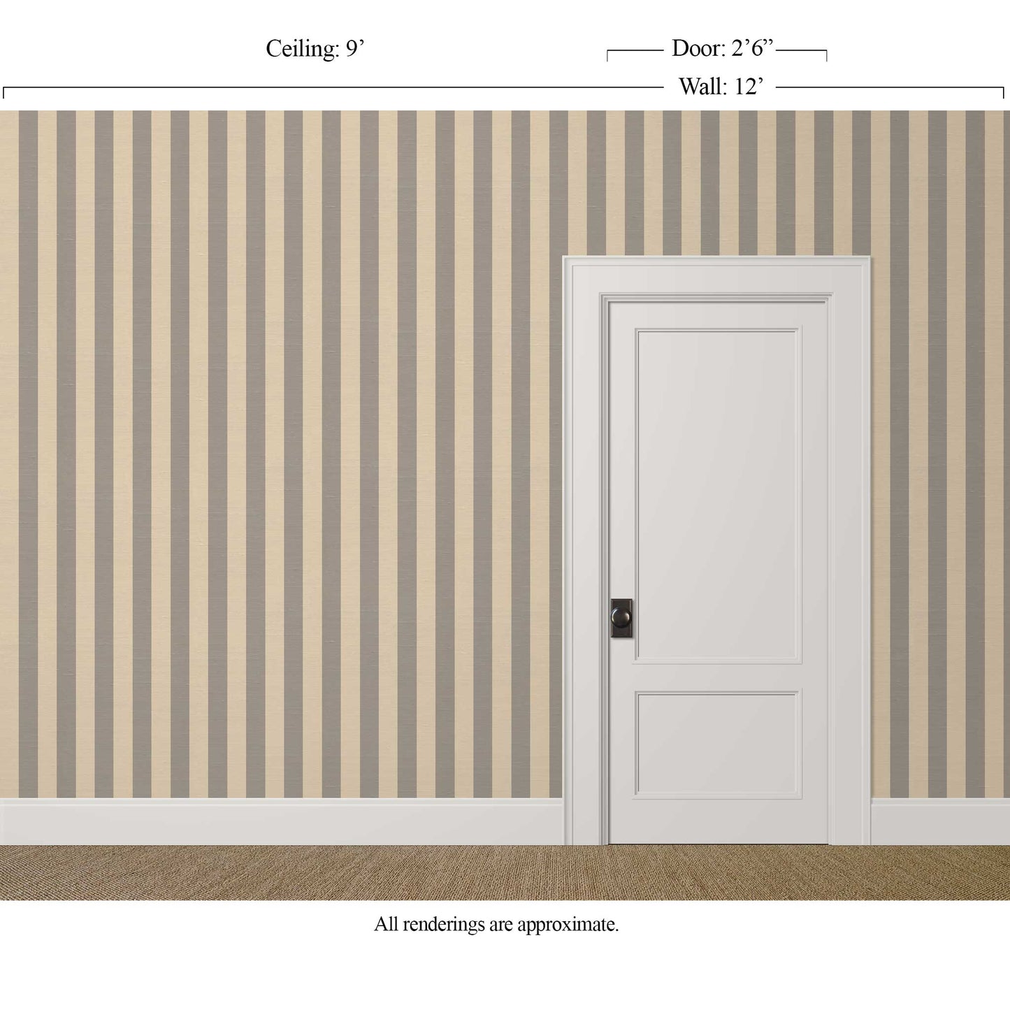 Taupe striped wallpaper with silk finish in a dining room with wood and velvet furnishings