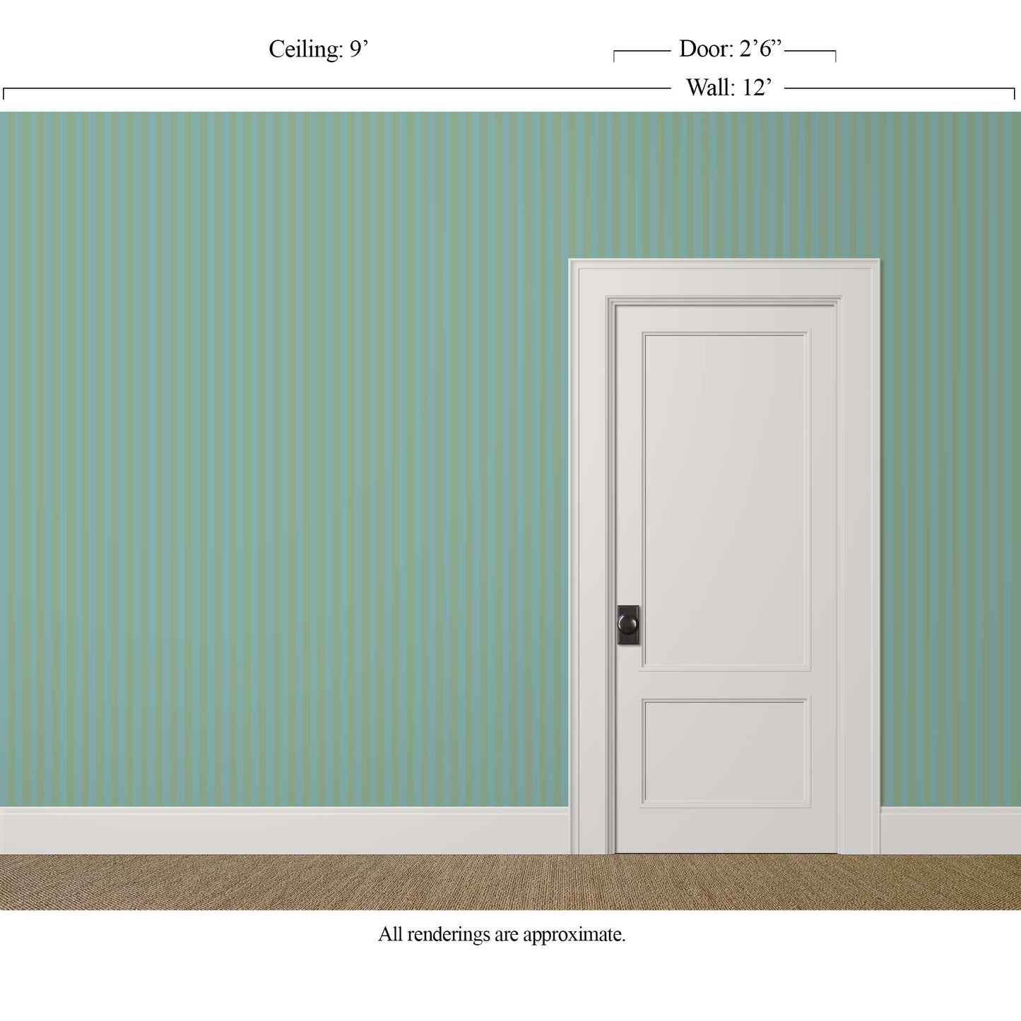 Classic 1 inch teal blue and green striped wallpaper in a transitional dining room