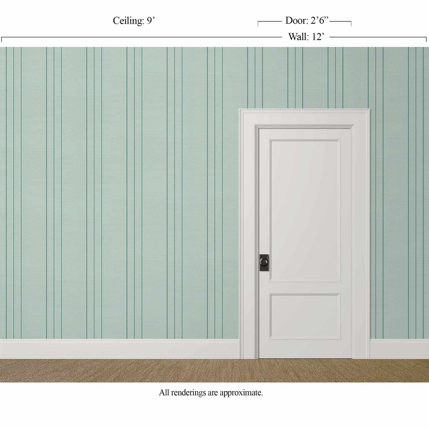Teal and green mint pinstripe wallpaper in a soft traditional primary bedroom with ivory trim