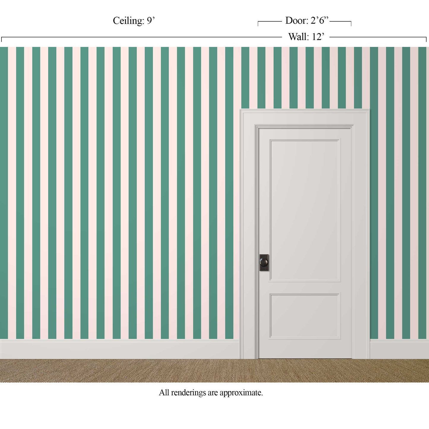 Classic teal and blush striped wallpaper in a cafe with ivory trim
