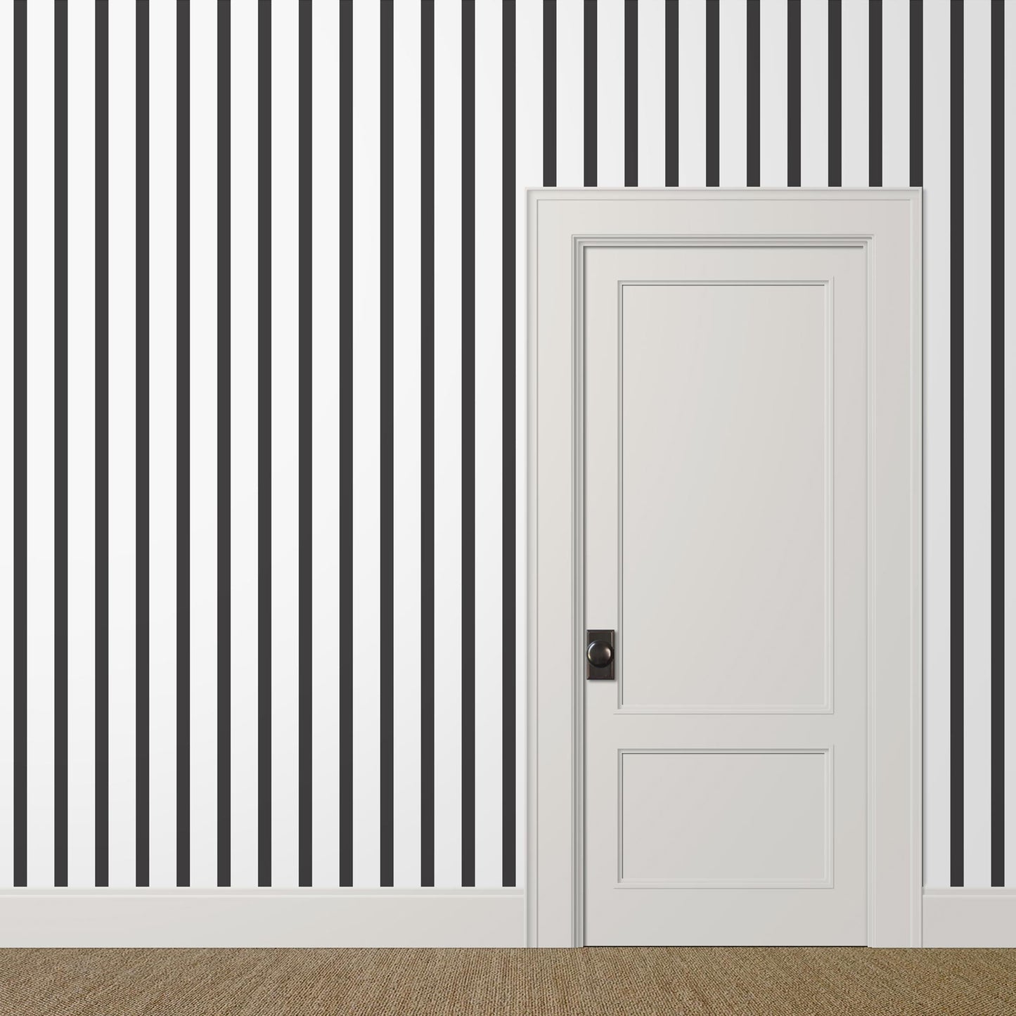 Small-scale uneven black and white striped wallpaper in a modern powder room