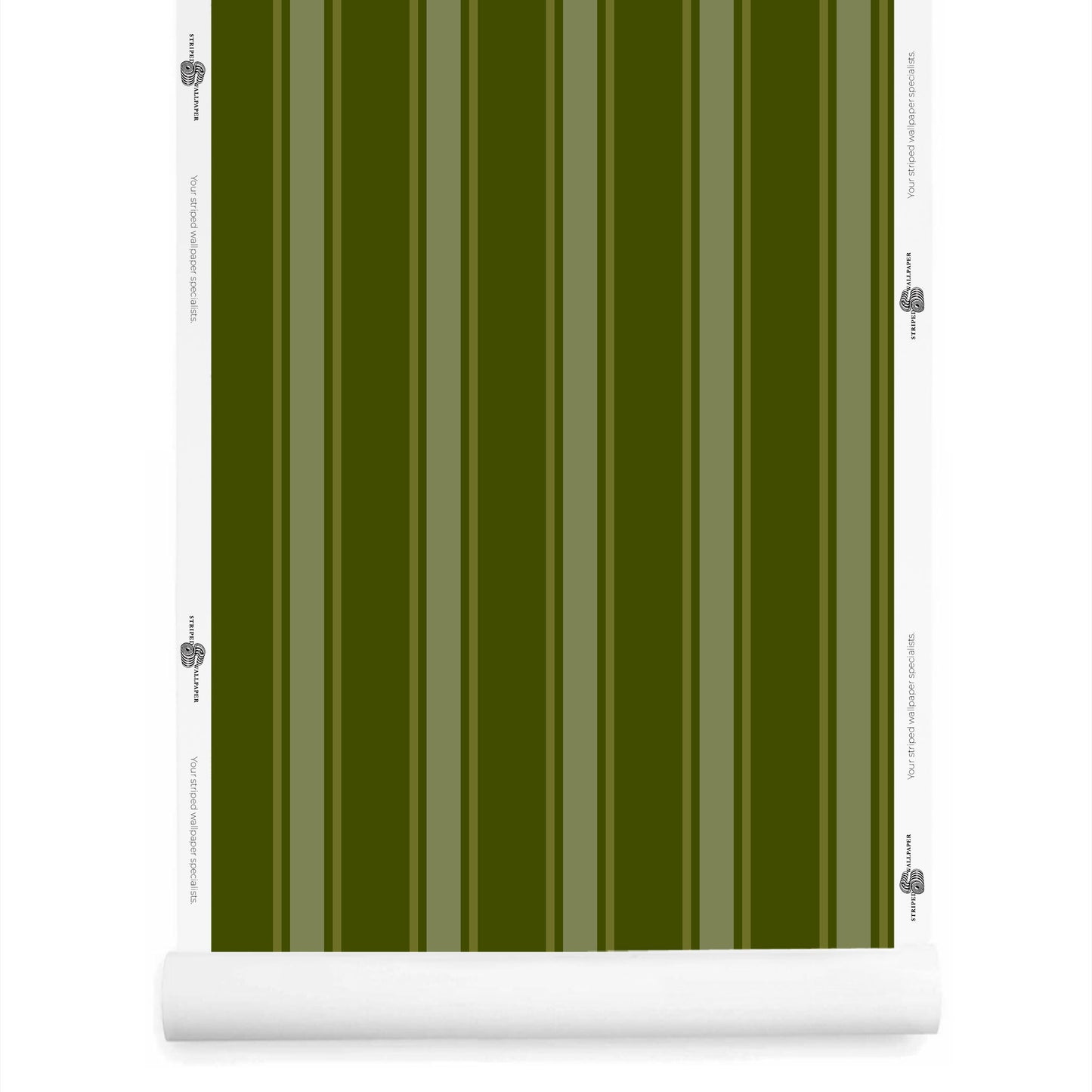 Vintage green striped wallpaper roll – La Solana pattern in canopy, myrtle, and olive tones