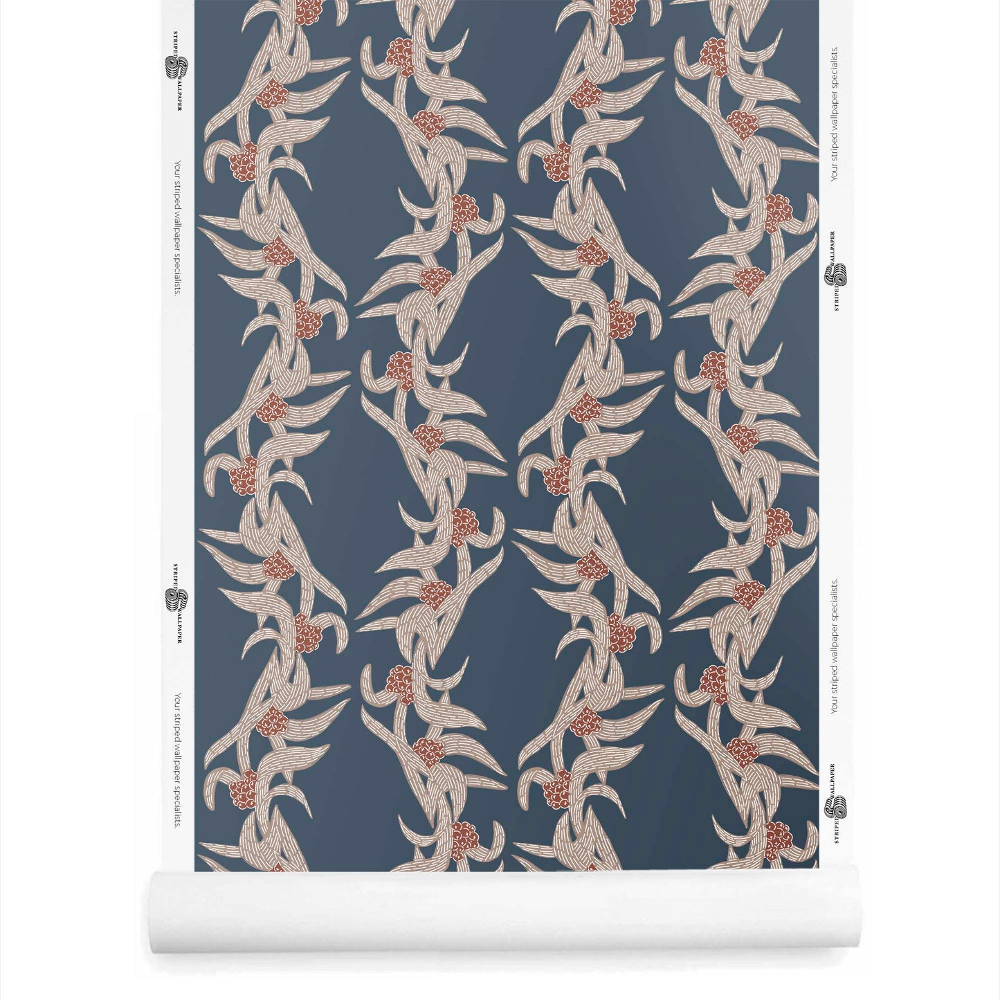 Lorelle botanical wallpaper with stripes in taupe and cream on a dramatic navy ground