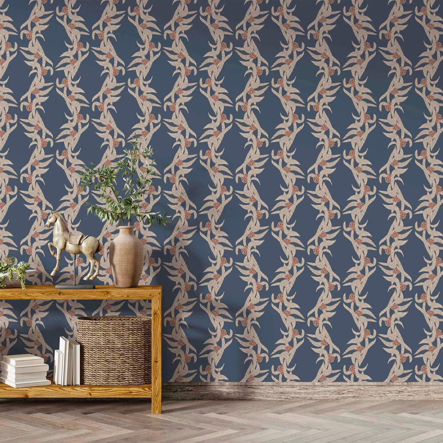 Moody dark blue botanical wallpaper with stripes creates a bold, elegant backdrop in a refined interior