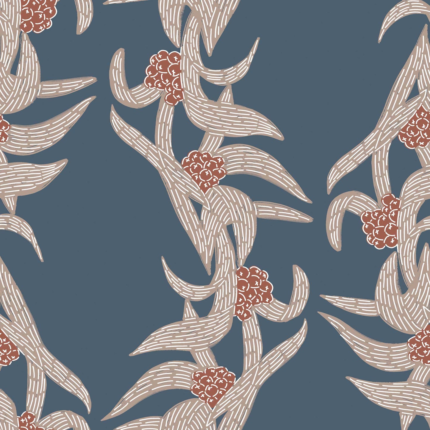 Botanical wallpaper with stripes in warm taupe and ivory, set against a moody dark blue background