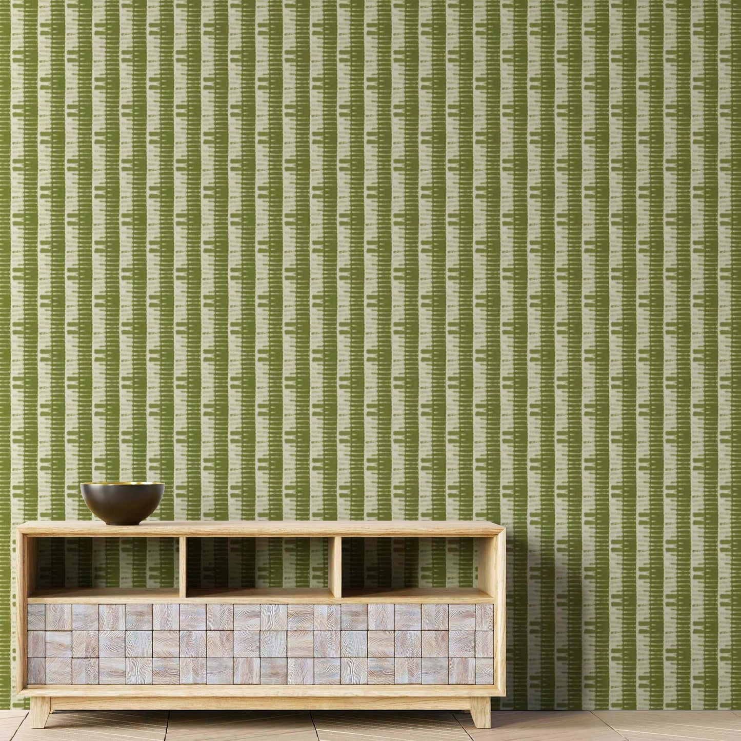 Organic Olive Green Shibori Bamboo Wallpaper installed in a cozy, nature-inspired room