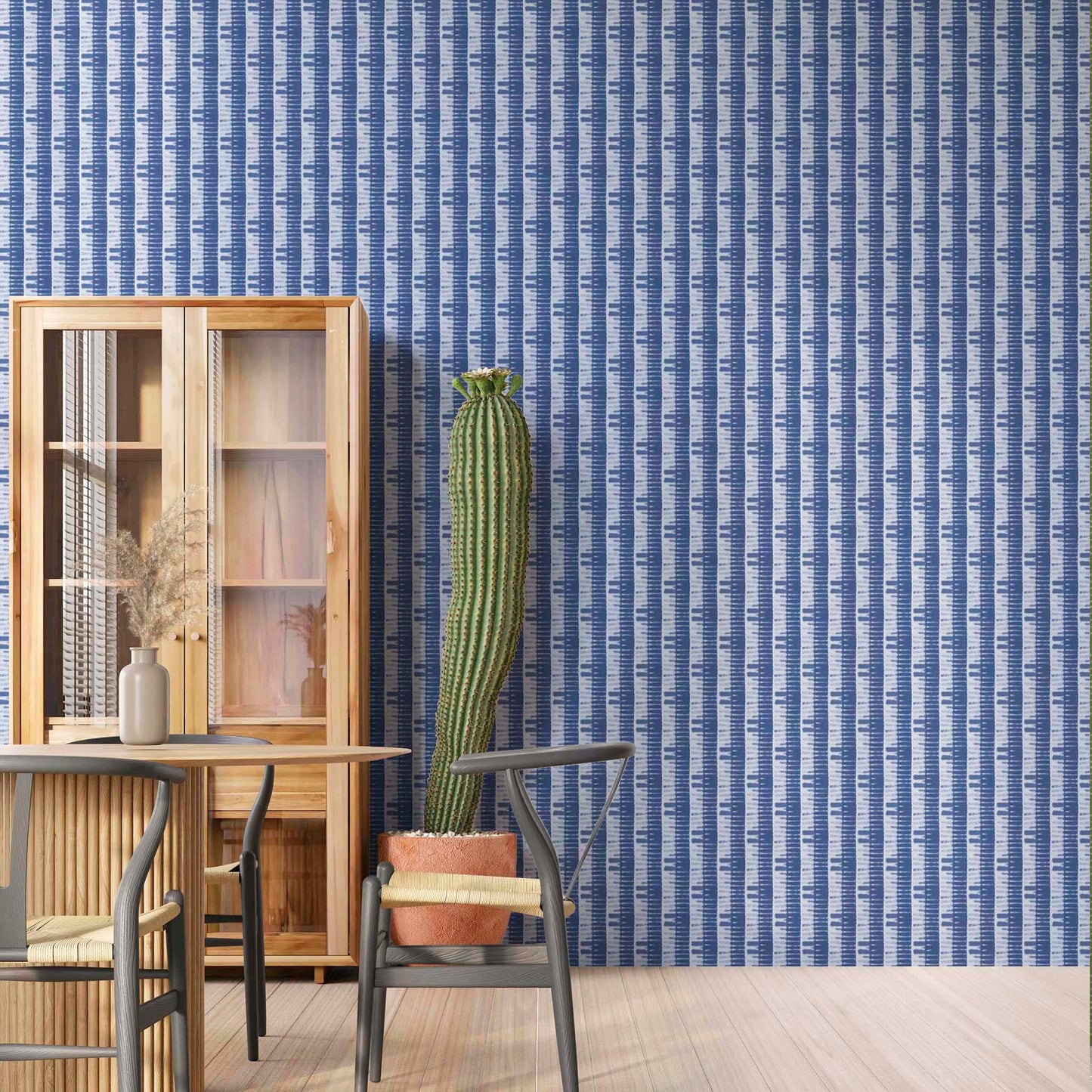 Lapis Blue Shibori Bamboo Wallpaper in a serene room, evoking the rhythm of a bamboo forest