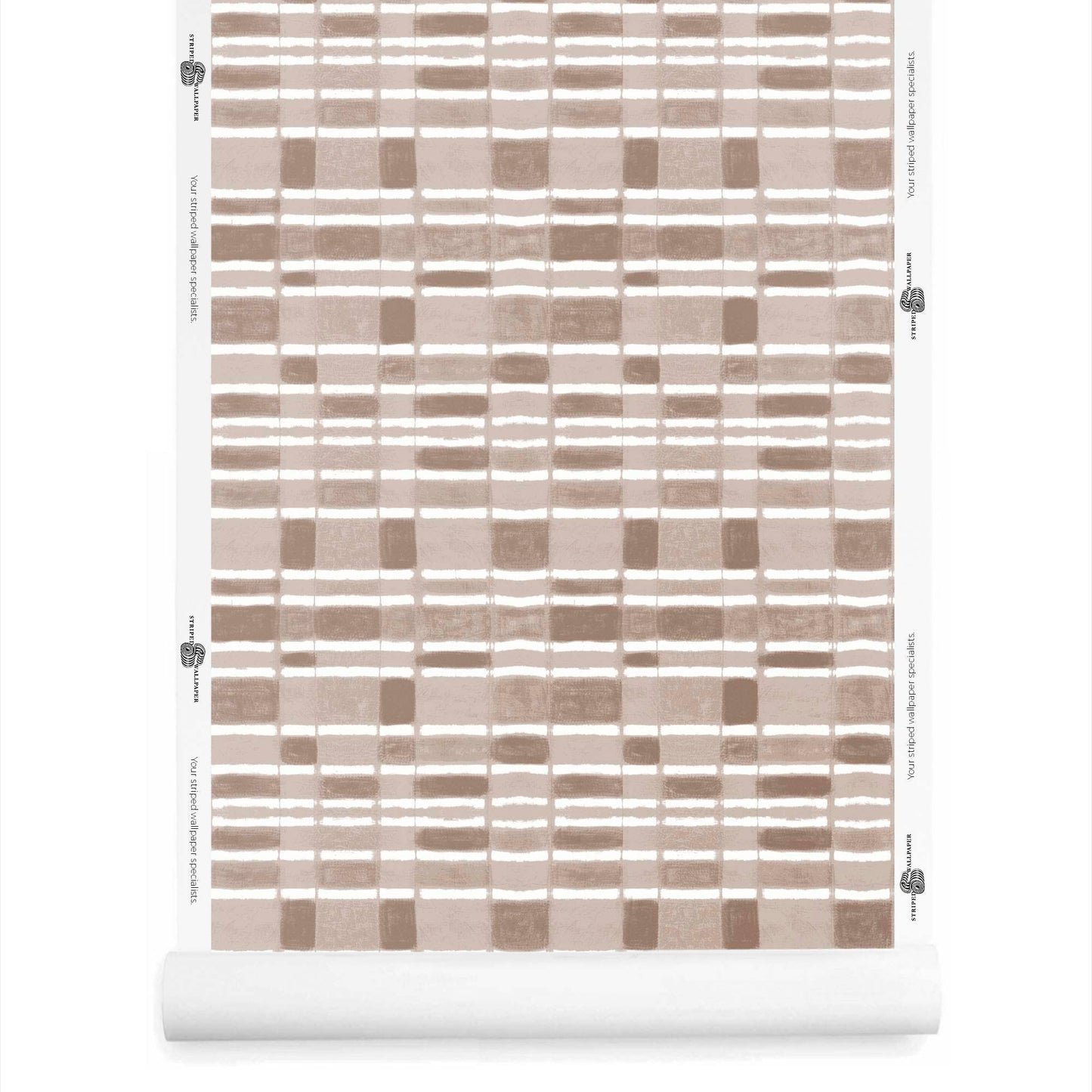 Roll of checker wallpaper with horizontal stripe in taupe, softly weathered and warm