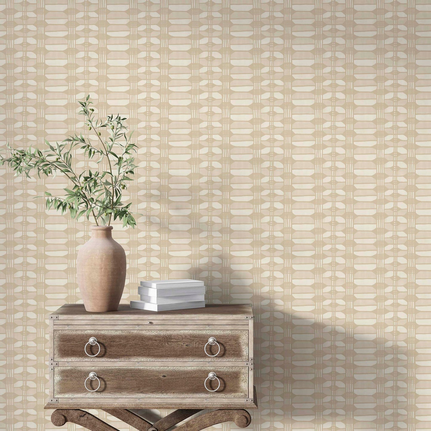 Hayes in Plaster is a basket weave wallpaper used in a calm, modern interior – adds quiet texture and painterly depth to neutral walls