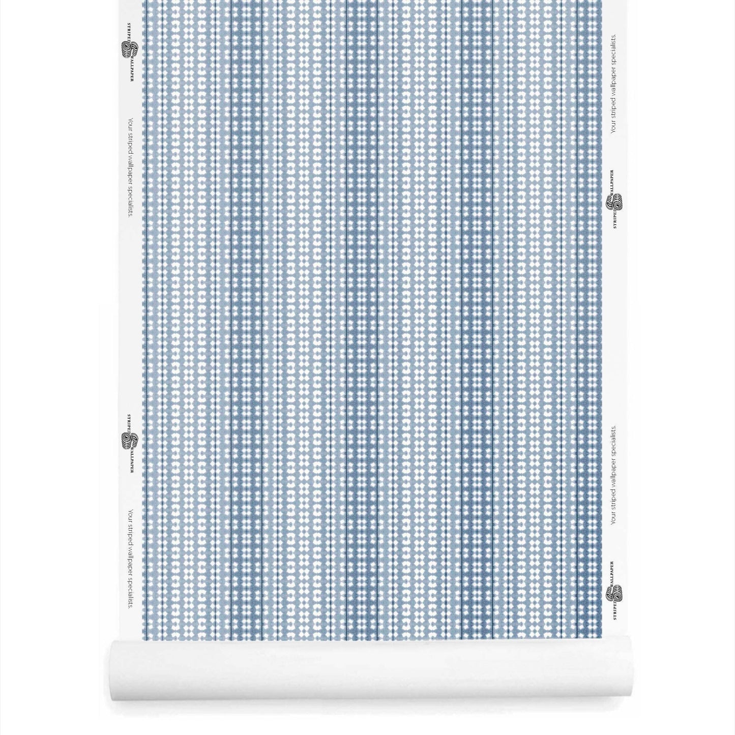 Roll of dusty blue ombre wallpaper with stripes, hand-dyed style and soft geometric contrast.