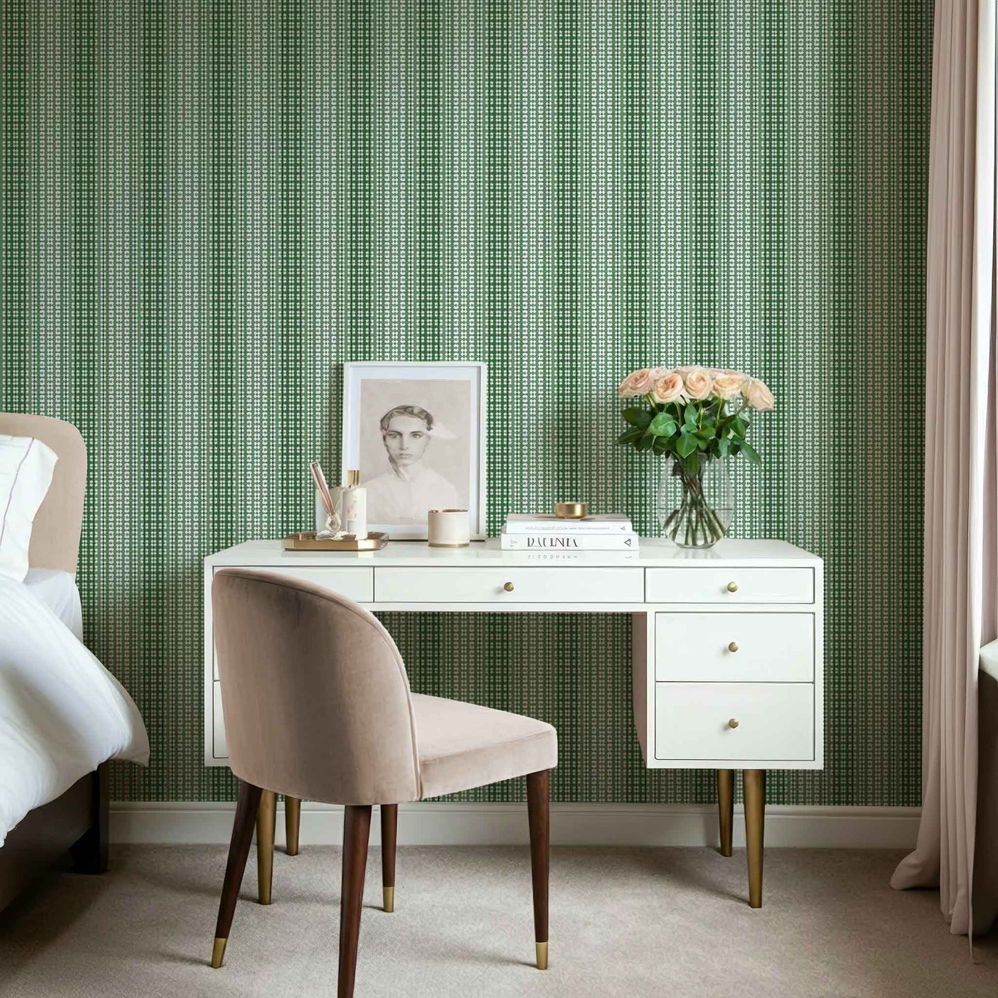 Fern green ombre wallpaper with stripes shown in a modern bedroom with minimal furnishings.