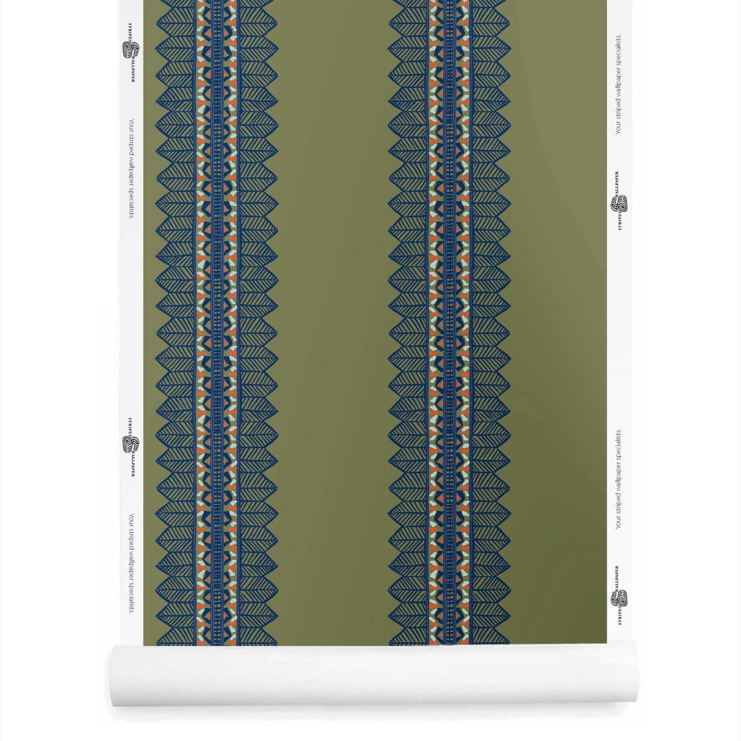 Roll of Aurelia bohemian wallpaper with stripe in moody olive tones for cozy, layered spaces