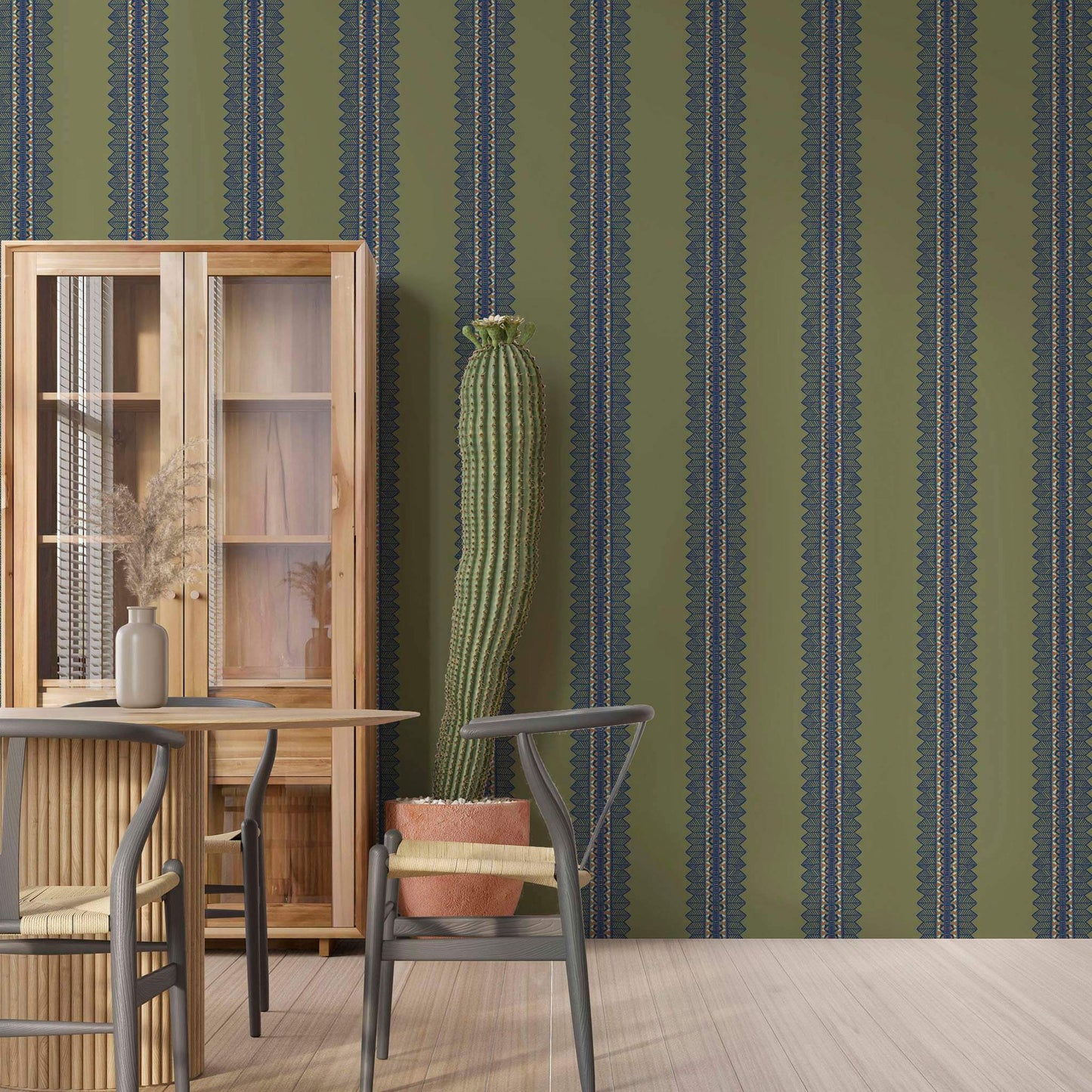 Bohemian striped wallpaper in olive creating warmth and depth in a modern eclectic room