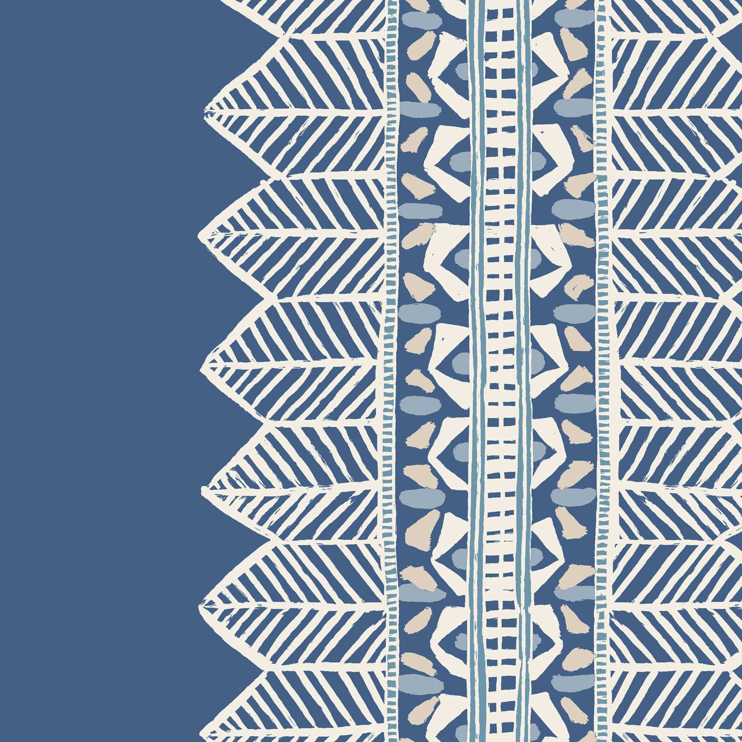 Bohemian wallpaper with stripe in lapis blue showing painterly pattern and blue and white stripes