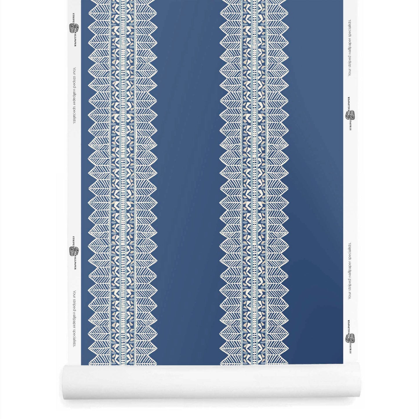 Roll of Aurelia bohemian wallpaper with stripe in striking lapis blue tones with white stripes