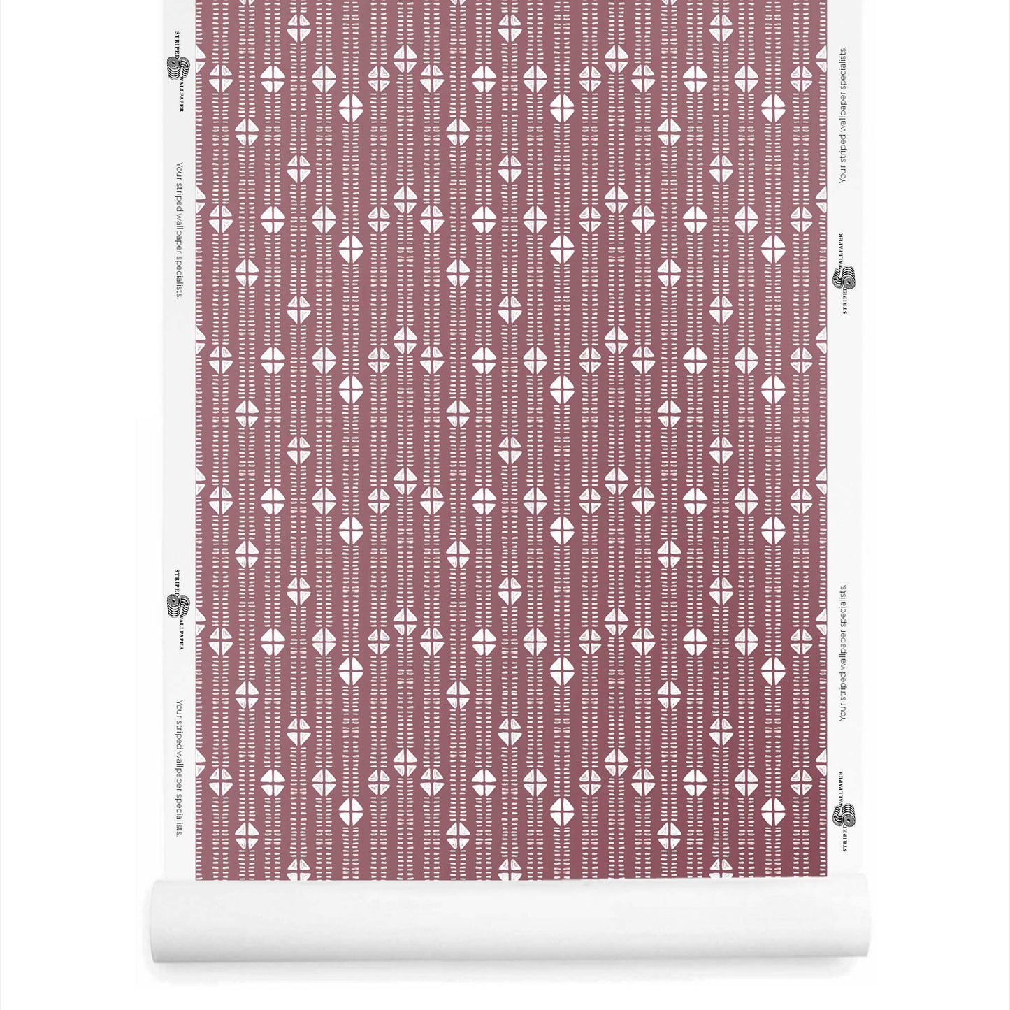 Orchid color roll of modern tribal-inspired wallpaper with fine stripe layout