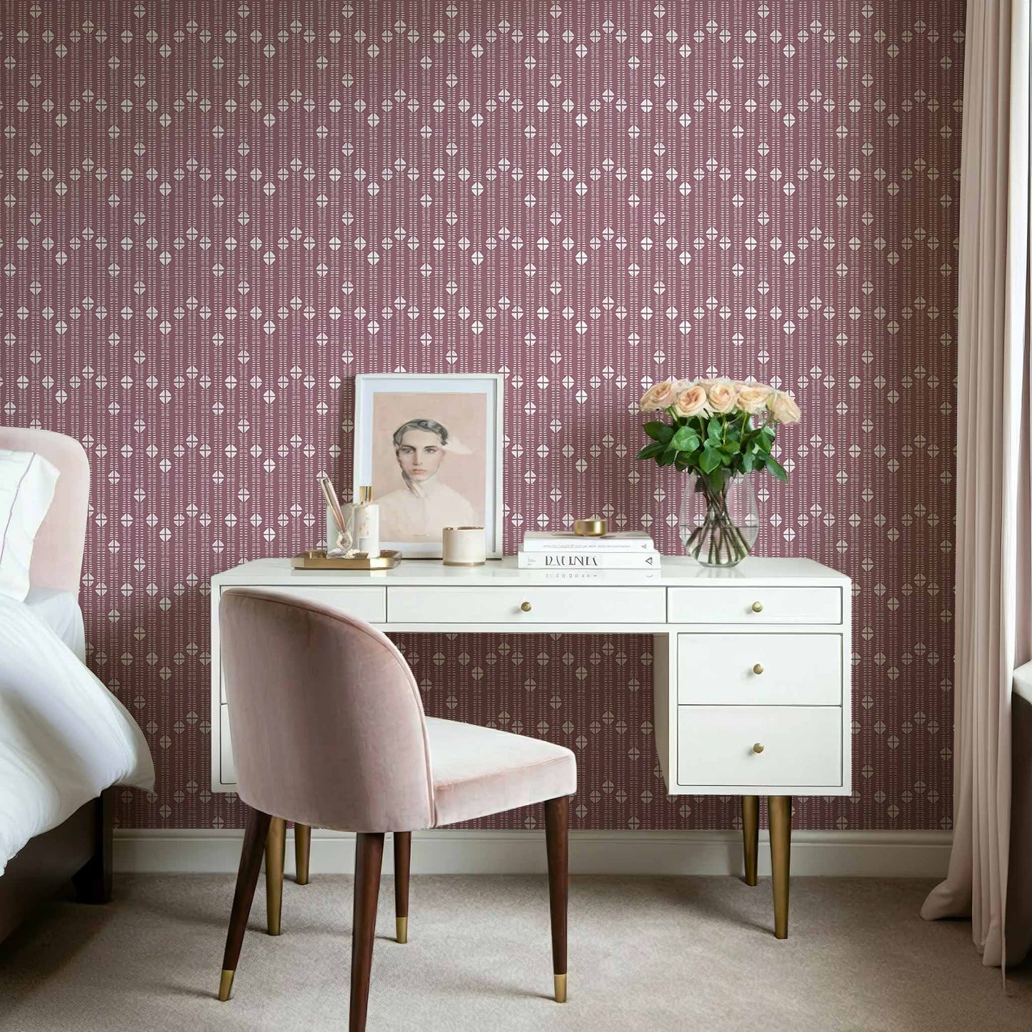 Small striped orchid bohemian mudcloth wallpaper in stylish powder room or hallway