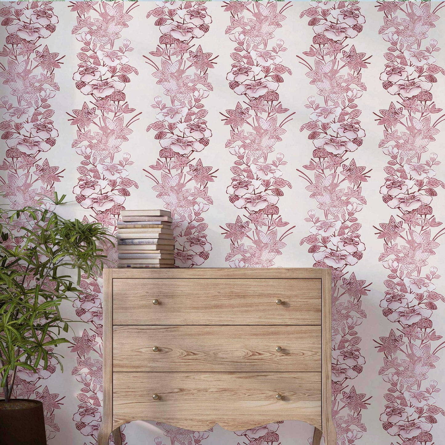warm orchid striped floral wallpaper in a romantic dressing room or cozy nook