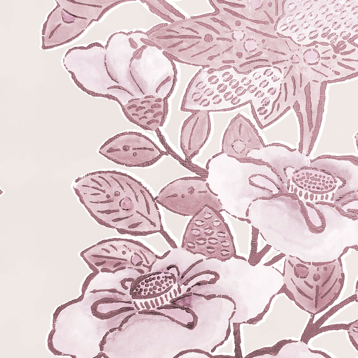 striped floral wallpaper pattern in orchid purple and mauve with garden-inspired florals
