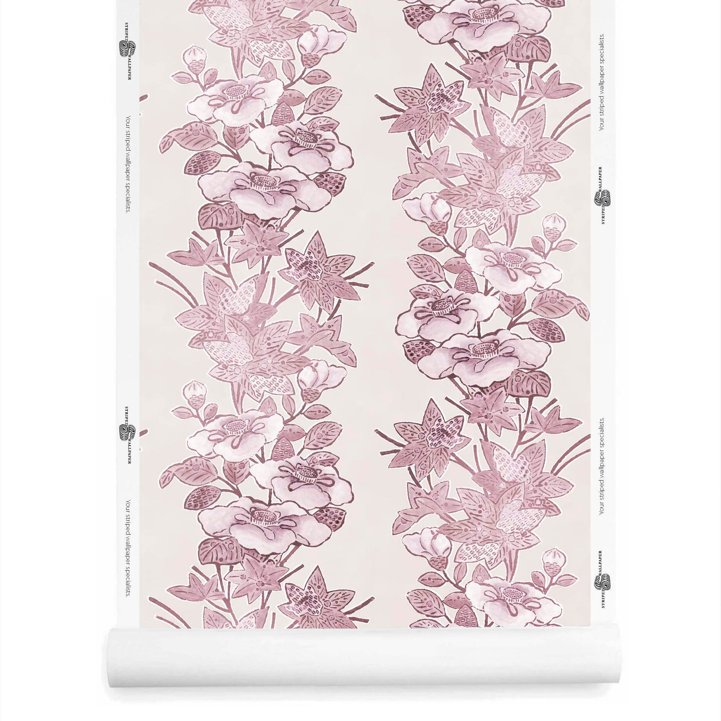 orchid pink striped floral wallpaper roll with hand-drawn blossoms and leaves