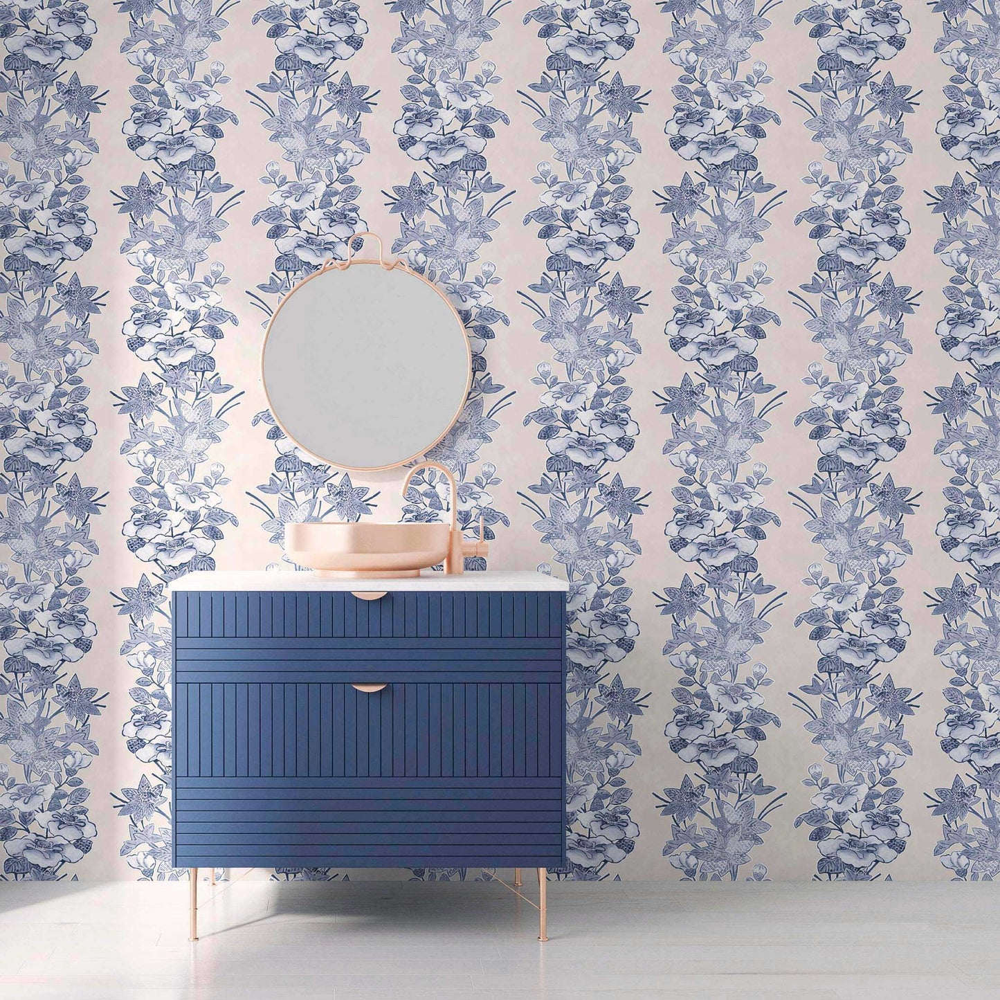 blue striped floral wallpaper in refined primary bathroom with a vintage-modern aesthetic