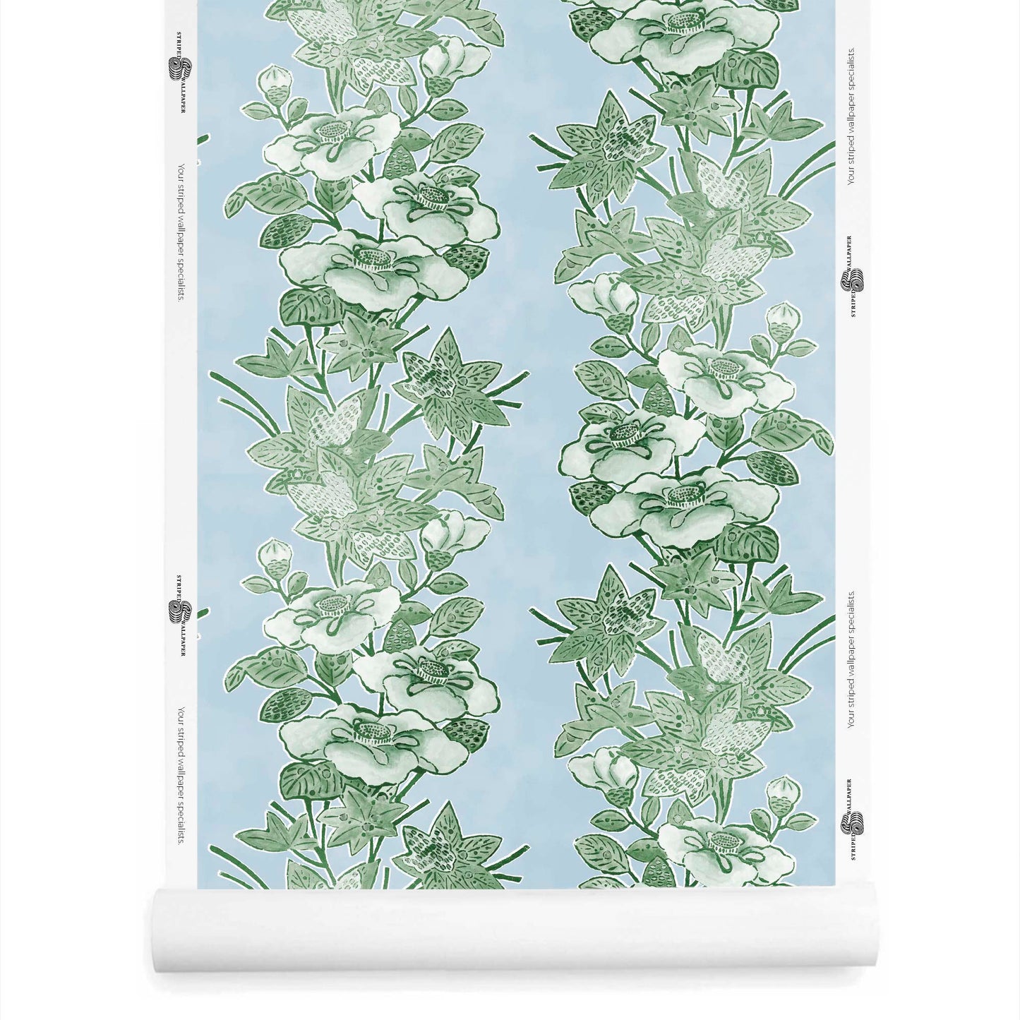 fern green striped floral wallpaper roll with leafy botanical stripes