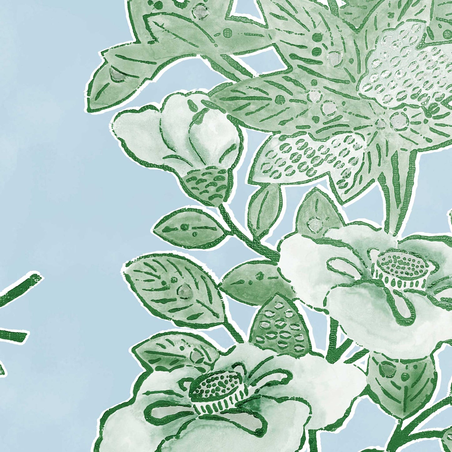striped floral wallpaper in fern green with hand-drawn flowers and vines