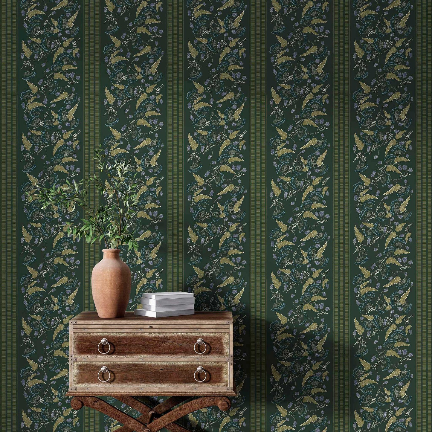 dark green small floral wallpaper with stripe in styled bed room interior
