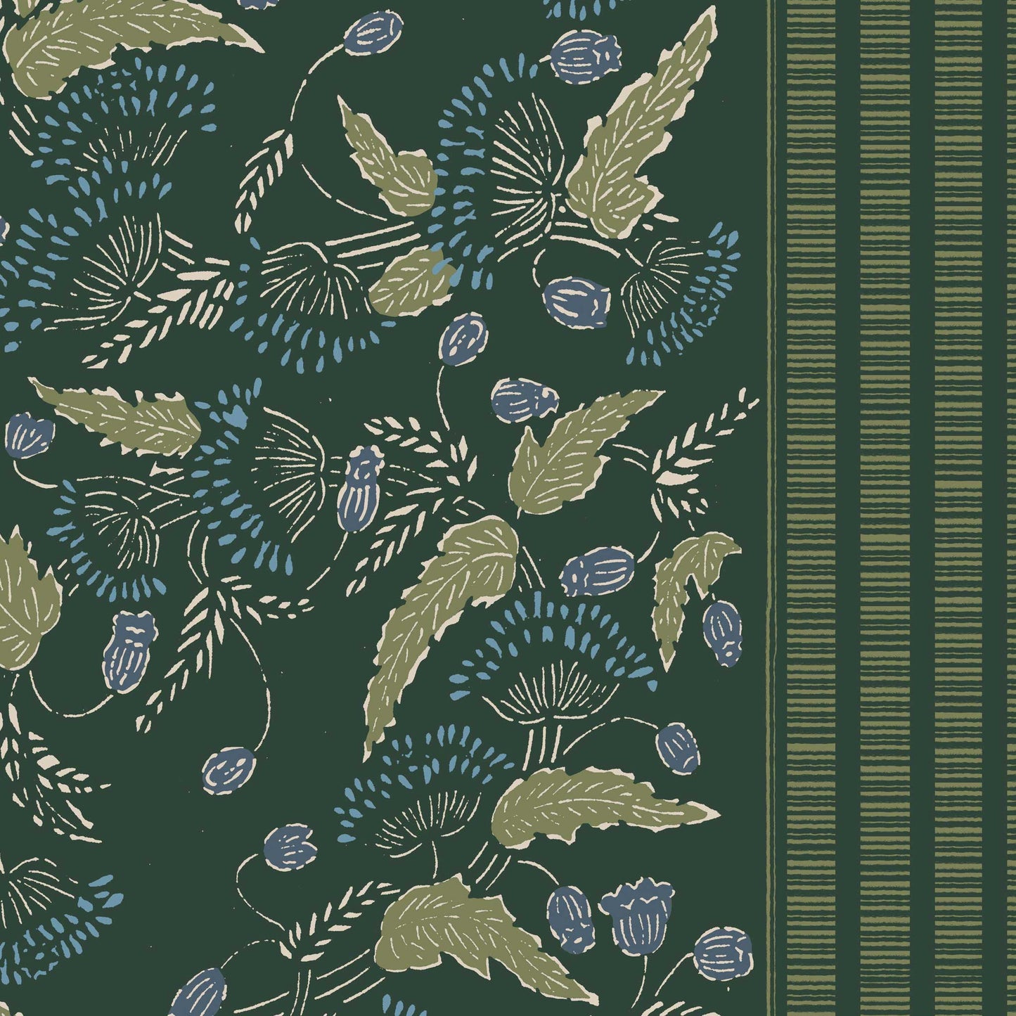 A small floral wallpaper with stripe in dark green – tossed floral pattern with vertical stripe detail