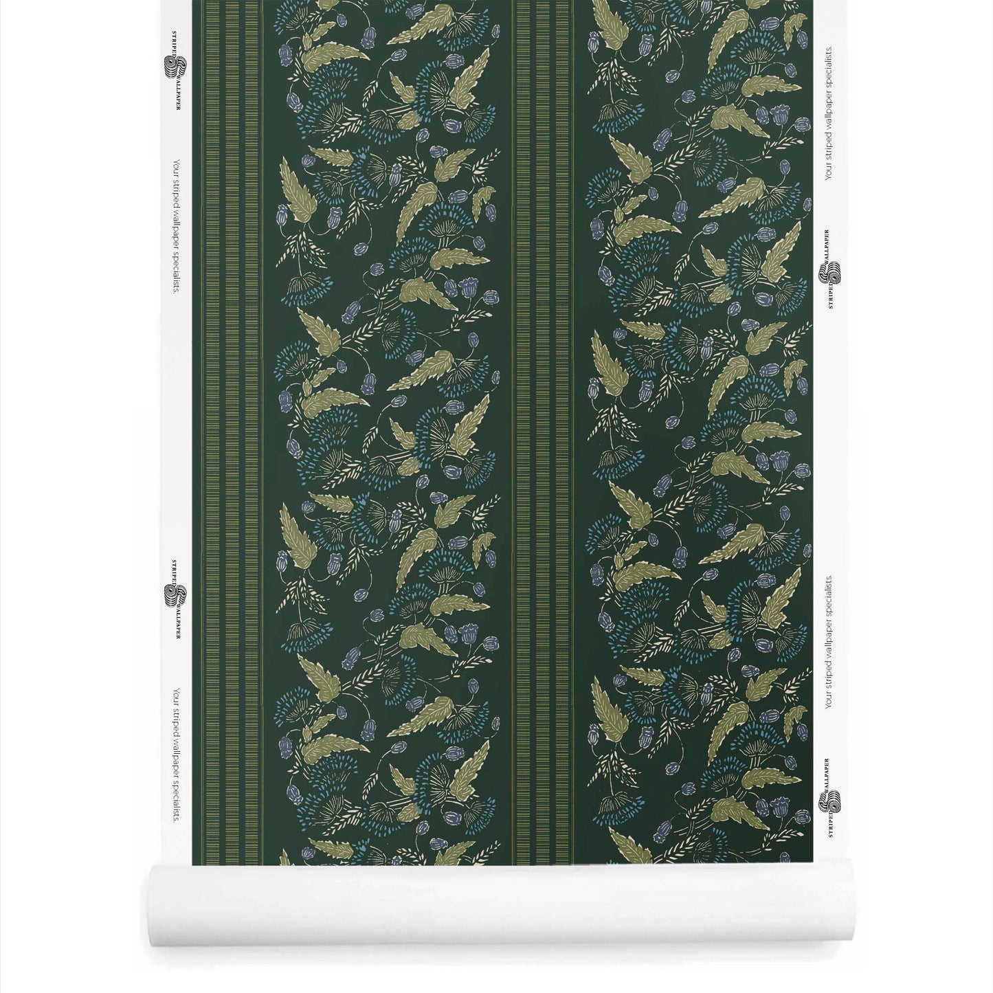 A roll of small floral wallpaper with stripe in dark green – Clara pattern