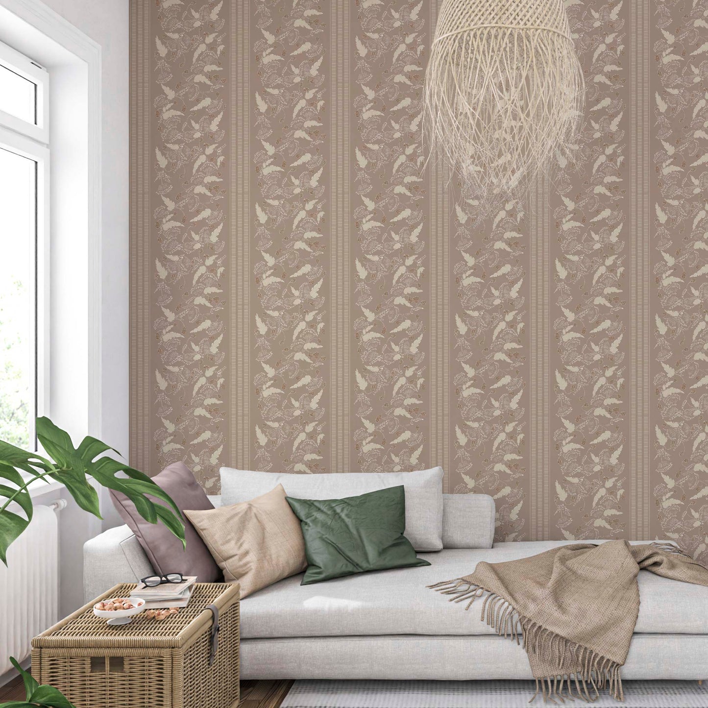 A taupe colored, small floral wallpaper with stripe in a cozy modern living room