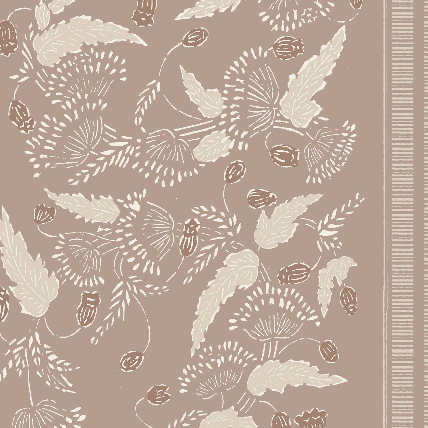 A small floral wallpaper with stripe in taupe – delicate vintage-inspired floral print pattern