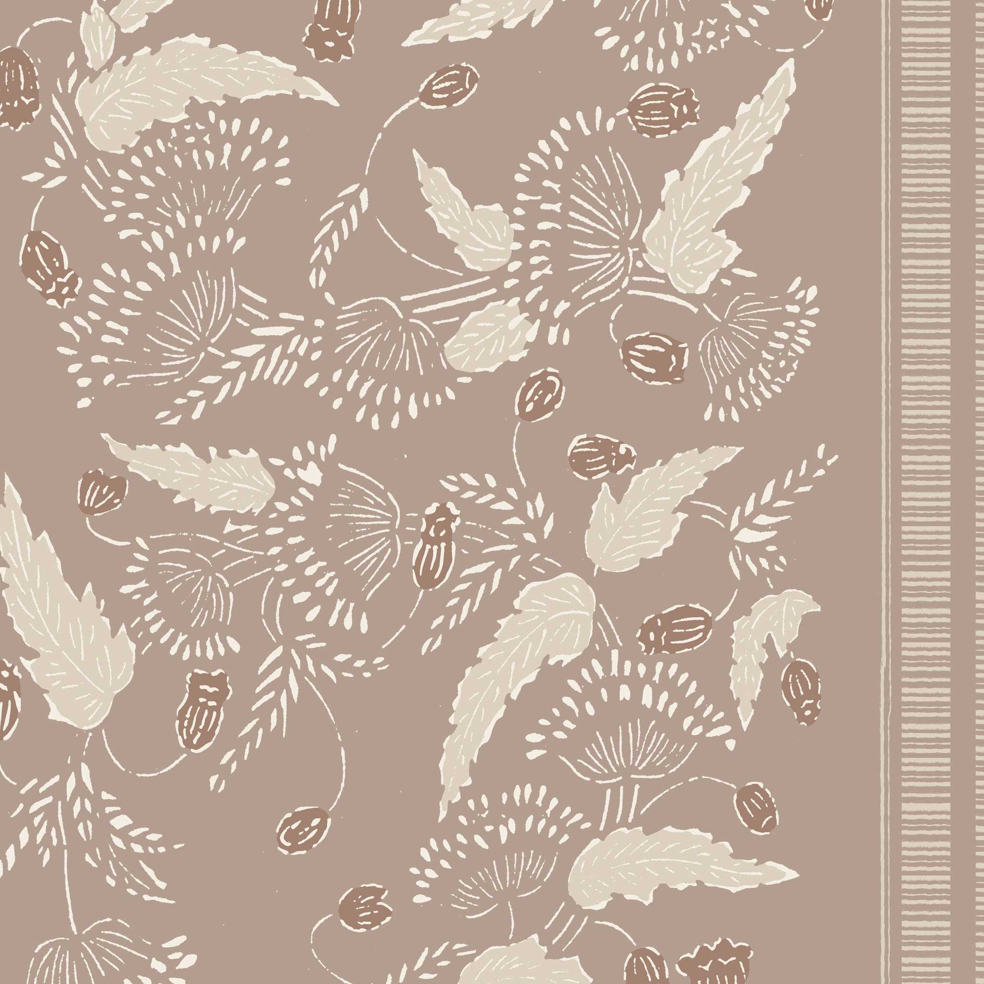 A small floral wallpaper with stripe in taupe – delicate vintage-inspired floral print pattern