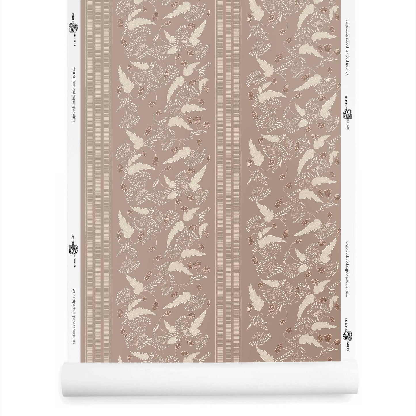 A roll of small floral wallpaper with stripe in taupe – Clara stripe pattern