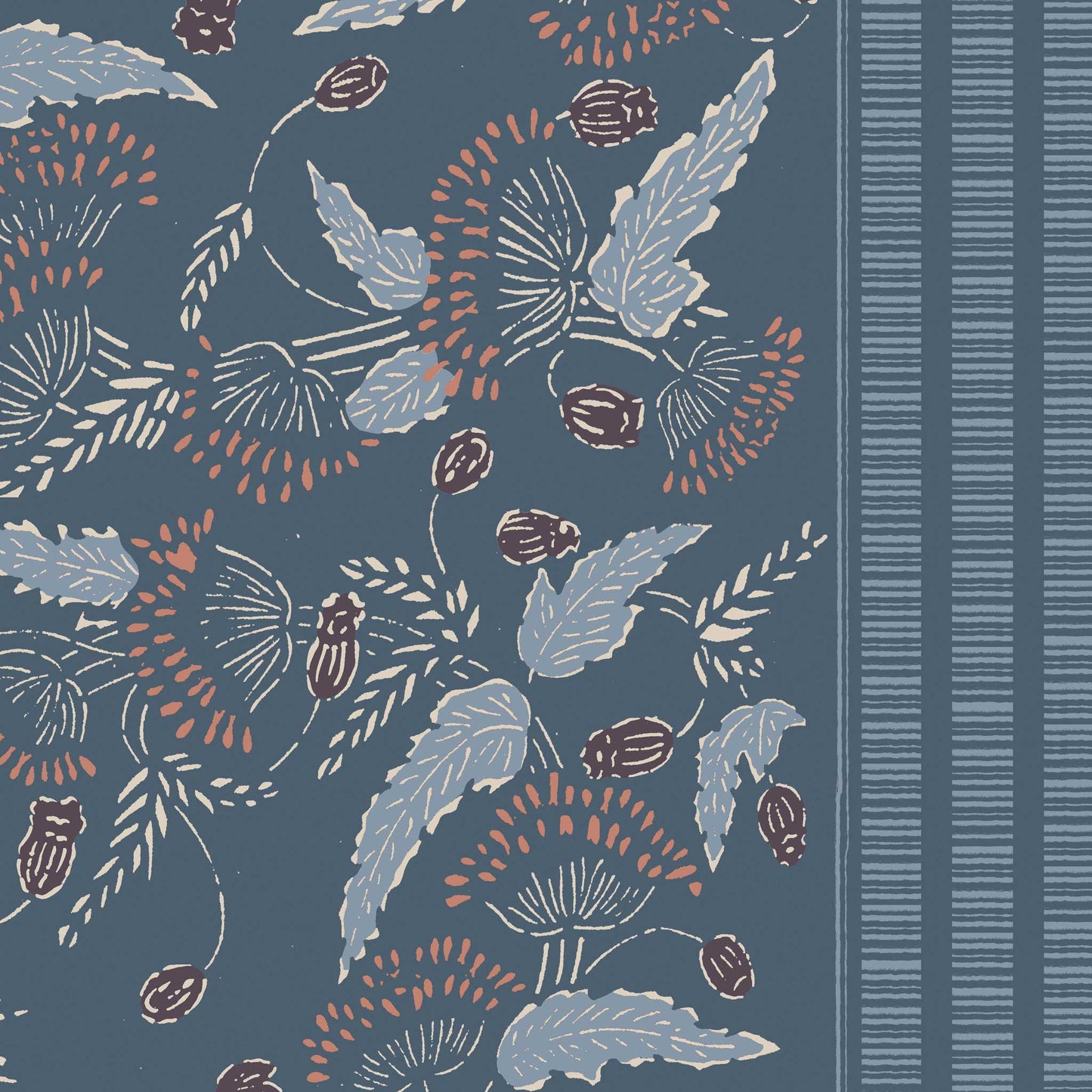 A small floral wallpaper with stripe in denim blue – airy bouquet layout with classic stripe pattern wallpaper