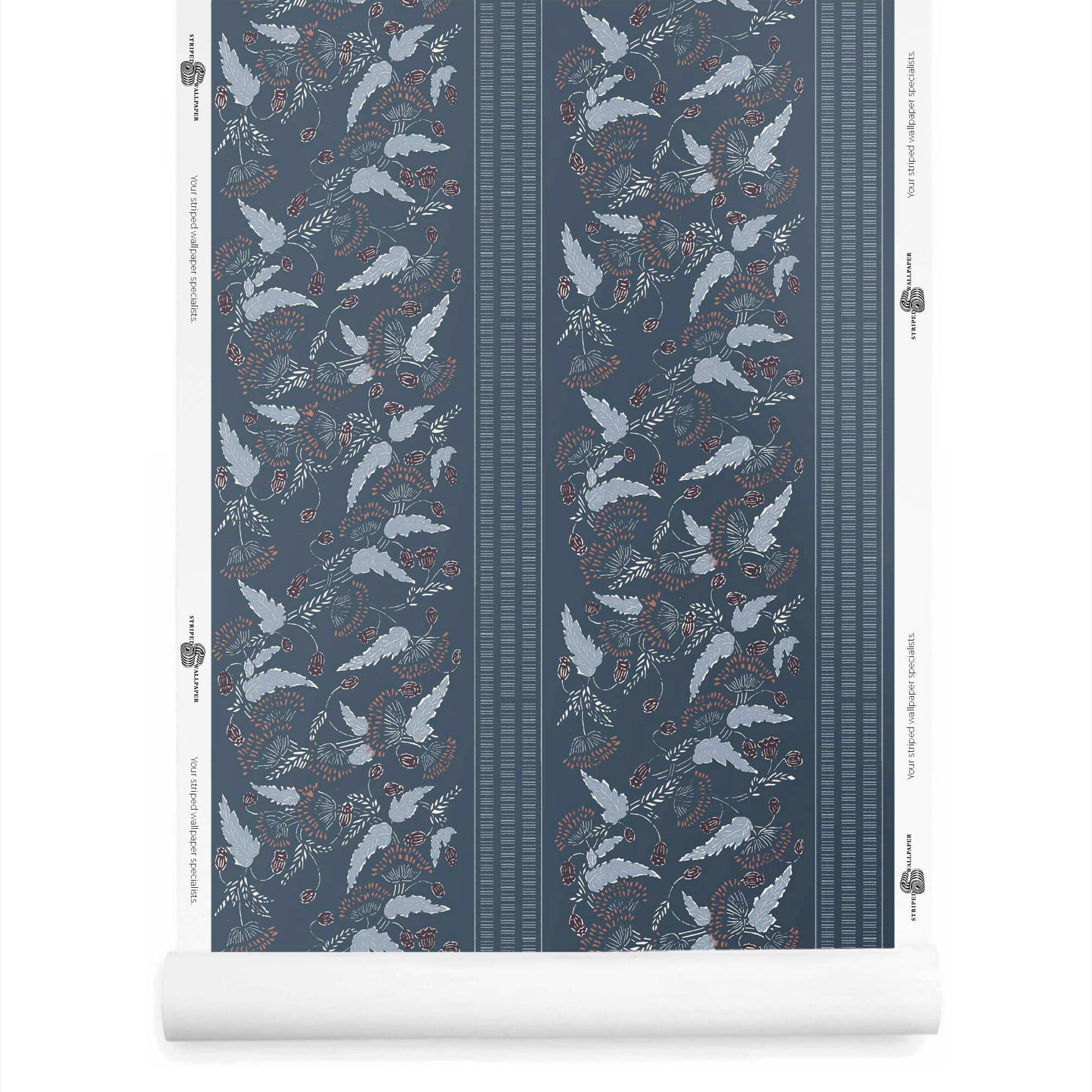 A roll of small floral wallpaper with stripe in denim blue – Clara pattern with light blue and orange flowers