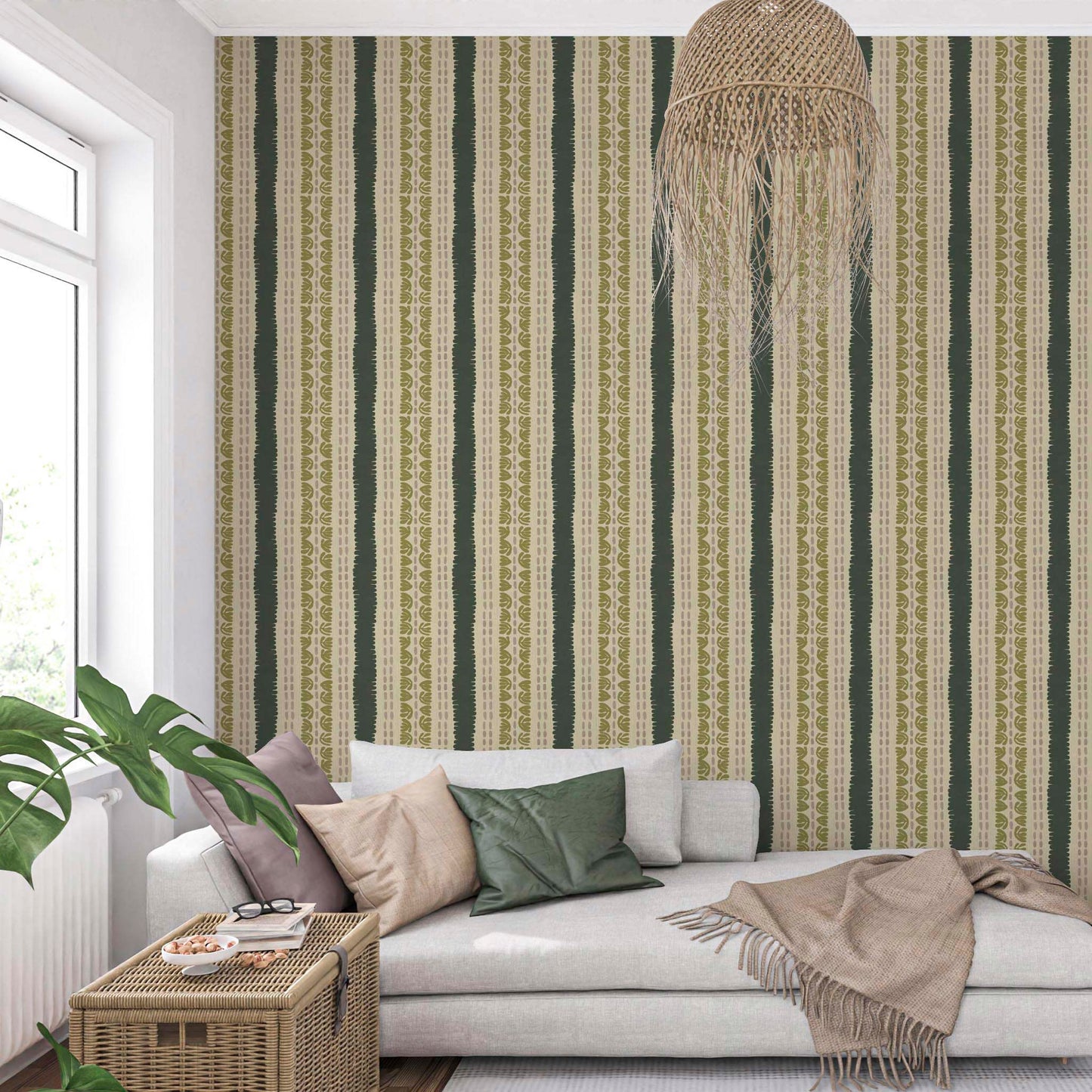 Olive green freeform stripe wallpaper brings natural calm and quiet drama to a cozy living room