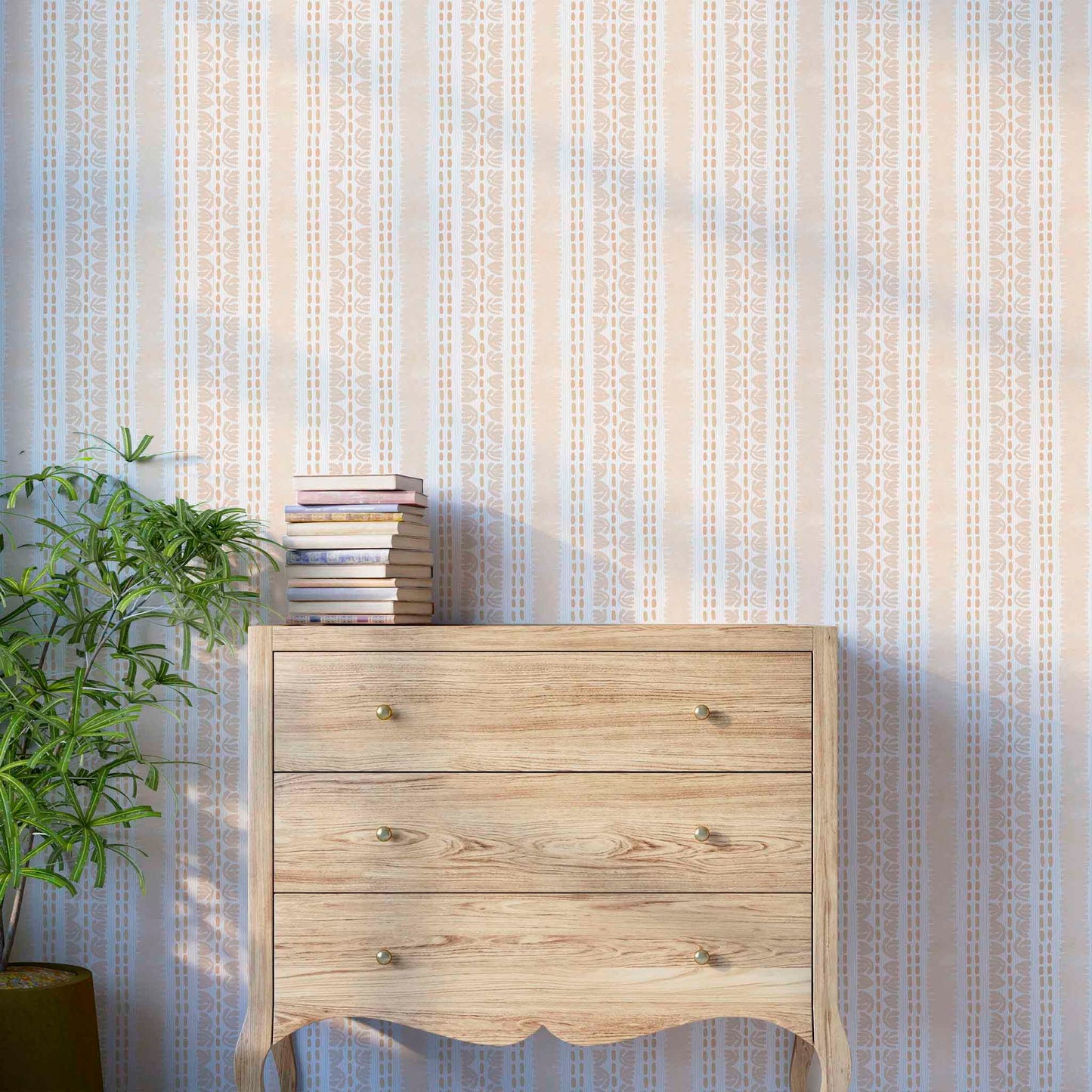 Romantic blush pink freeform stripe wallpaper brings graceful movement to a styled bedroom or studio