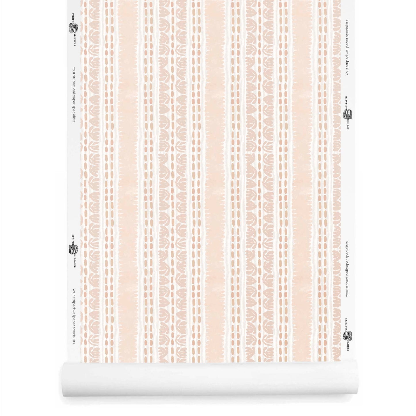 Artistic wallpaper roll in blush pink featuring organic watercolor stripe detailing