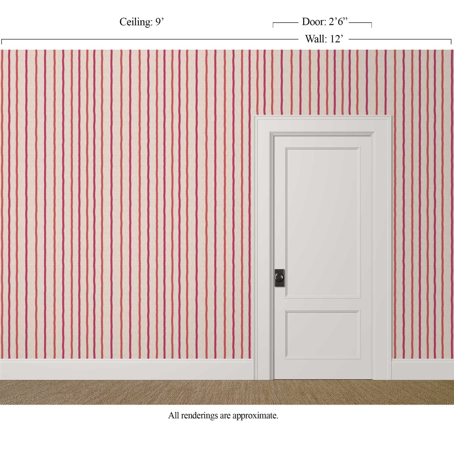 Painterly red and off-white striped wallpaper with linen finish in a creative powder room