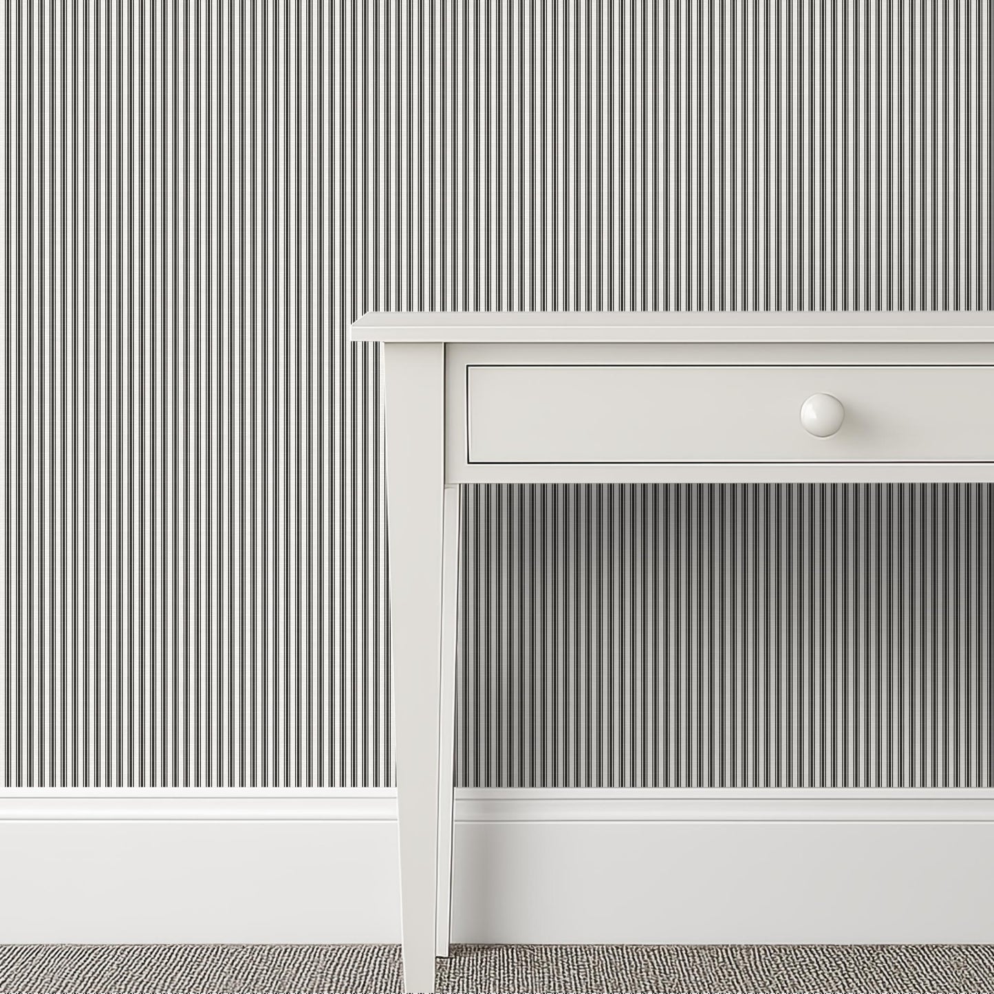 Traditional white and black French ticking stripe wallpaper with linen finish in a classic kitchen – Meadowbrook