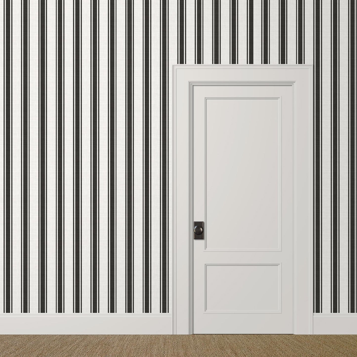 White and black preppy striped wallpaper with linen finish in a sunlit entryway – La Solana