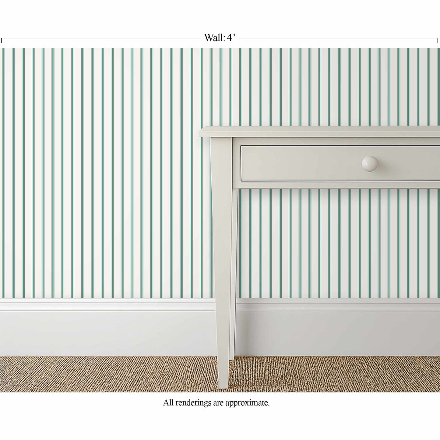 Fine white and teal ticking stripe wallpaper in a traditional bedroom