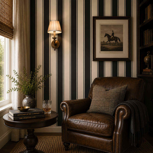 Cozy study with preppy black and cream striped wallpaper, leather armchair, and framed equestrian picture.