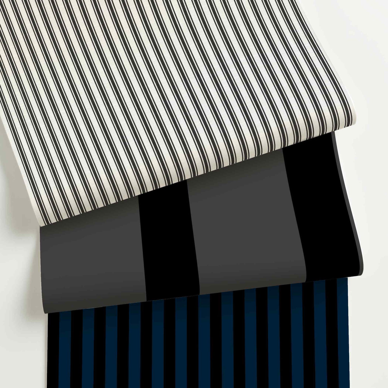 Black striped wallpaper rolls in assorted colors, scales, and stripe patterns.