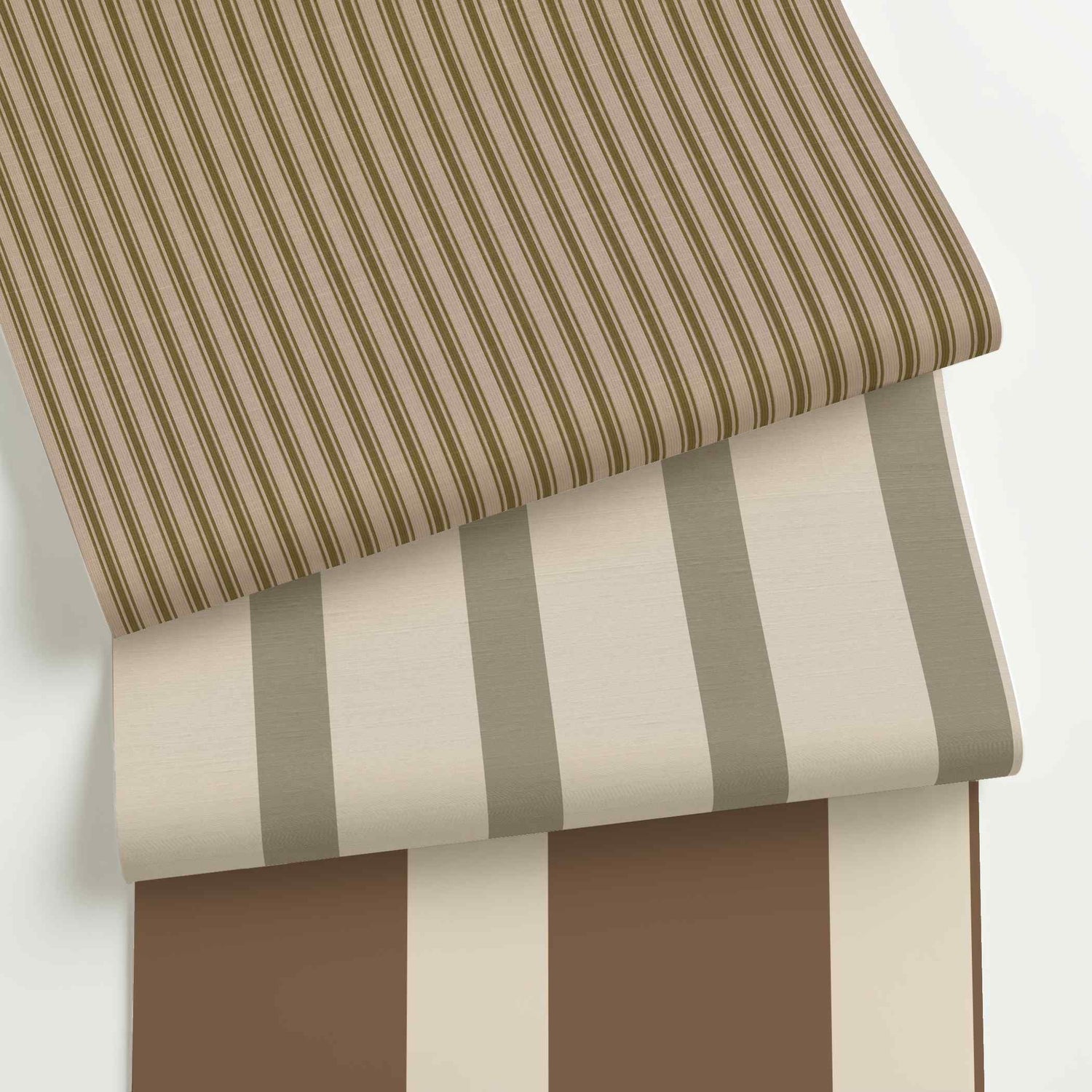 Brown and cream striped wallpaper rolls in assorted colors, scales, and stripe patterns.